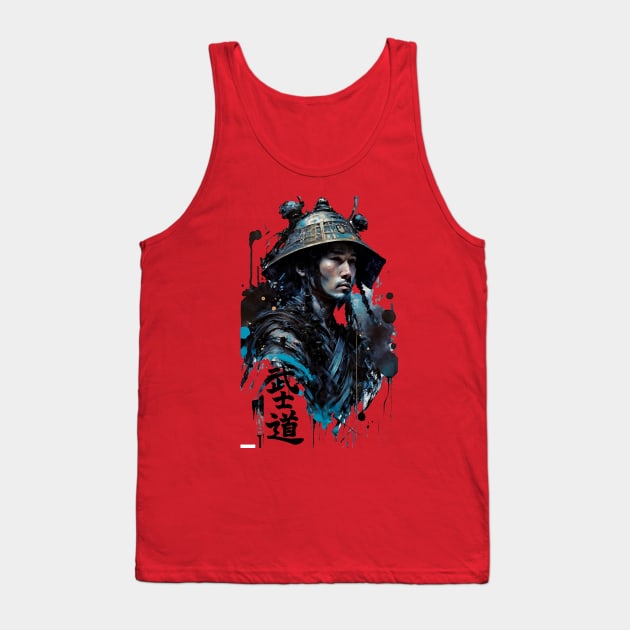 Samurai in Casual Costume with Bushido Calligraphy in Ink Painting Style Tank Top by diegotorres